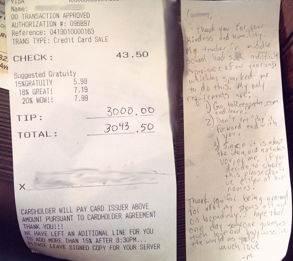 Man Leaves 7,000 Percent Tip for Waitress Because of His Teacher's Influence